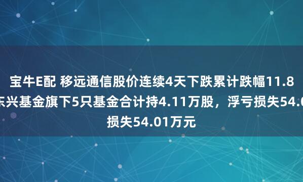 宝牛E配 移远通信股价连续4天下跌累计跌幅11.85%，东兴基金旗下5只基金合计持4.11万股，浮亏损失54.01万元