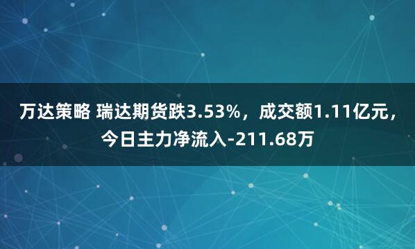 万达策略 瑞达期货跌3.53%，成交额1.11亿元，今日主力净流入-211.68万